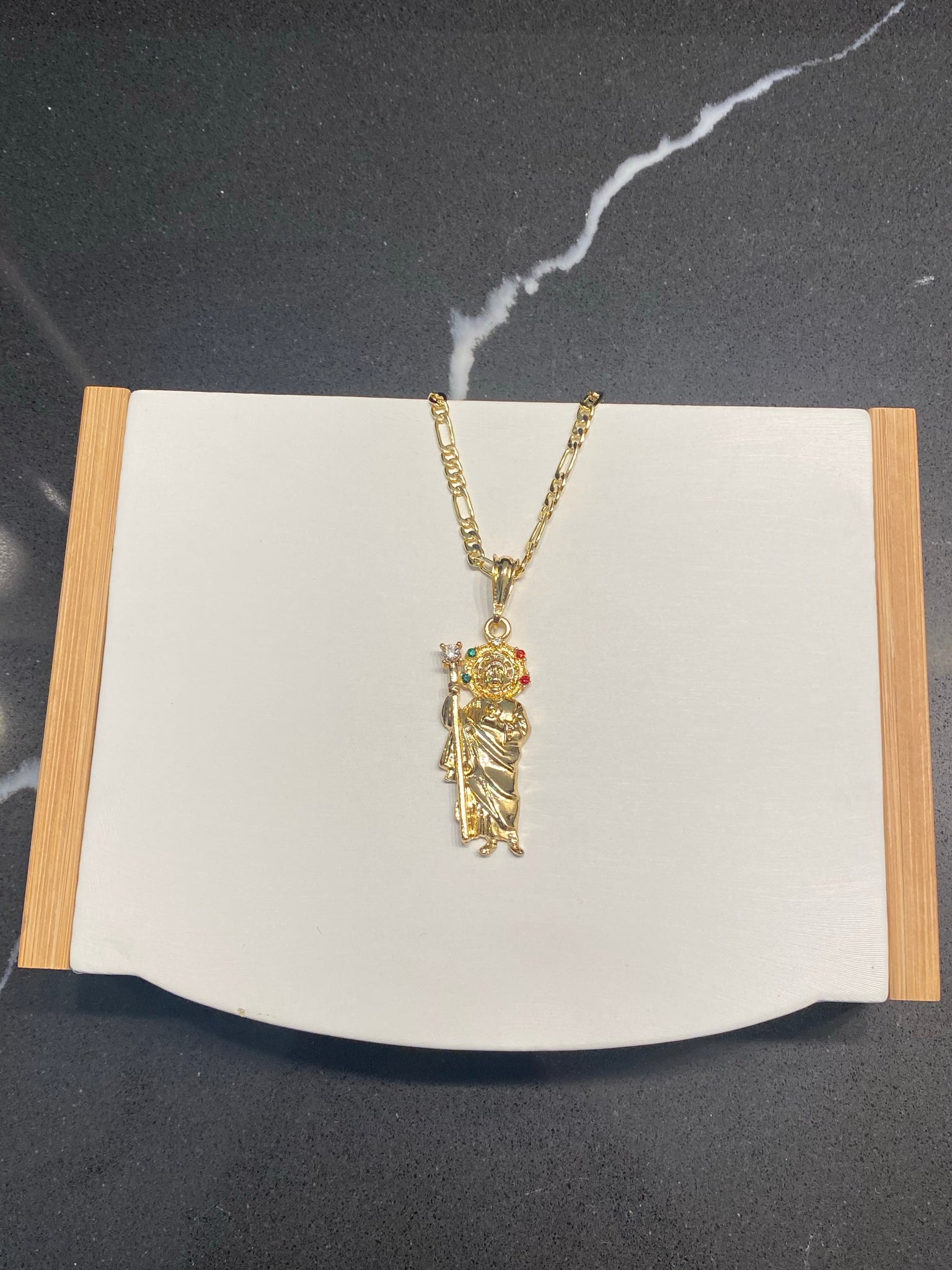 Gold San Judas With Multi Color Gems