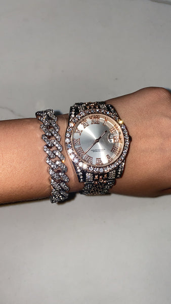 Silver and pink watch