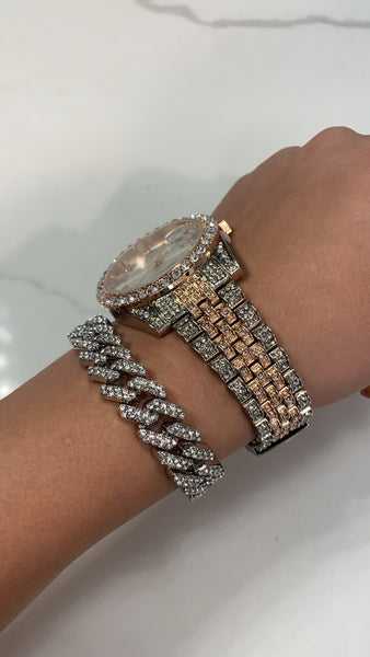 Silver and pink watch