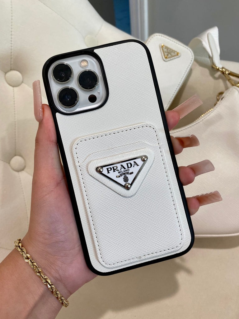 White Prada Phone Case with Card Holder – shopchula White Prada Phone Case with Card Holder – shopchula