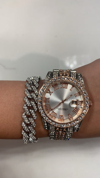 Silver and pink watch